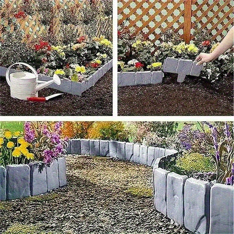 Set of 40 Interlocking Plastic Garden Borders with a Stone-Like End - Sturdy And Weatherproof Landscape Edging Suitable for Flower Beds, Lawns, And Terraces. Easy Push-In Setup, Rustic Black Design for Outdoor Decor, Garden Additions