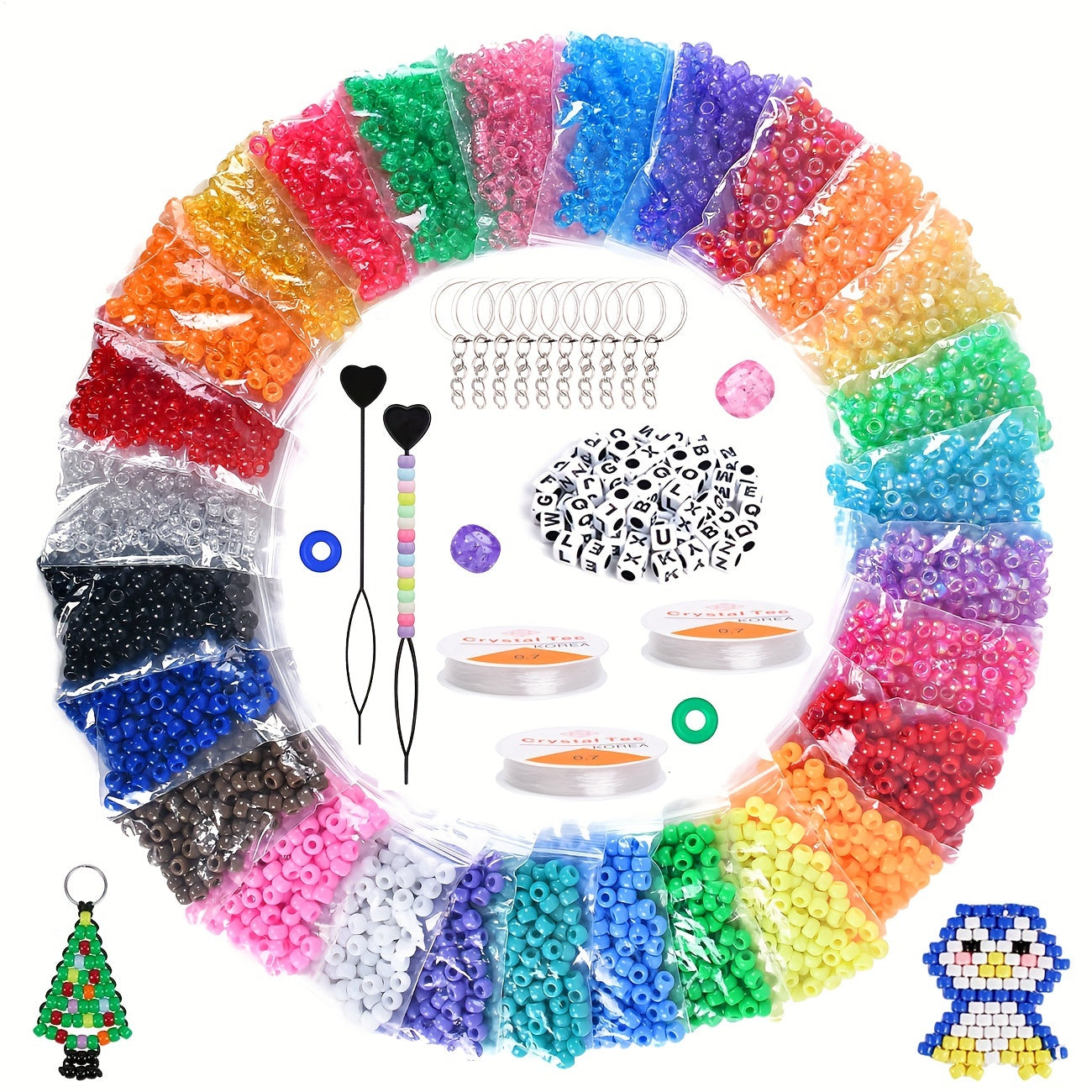 4200pcs 9mm Pony Beads Set In 28 Colors with 250pcs Letter Beads, 10 Key Rings, 2 Hear Braider, 3pcs 8m Elastic String for Bracelet Jewelry Making