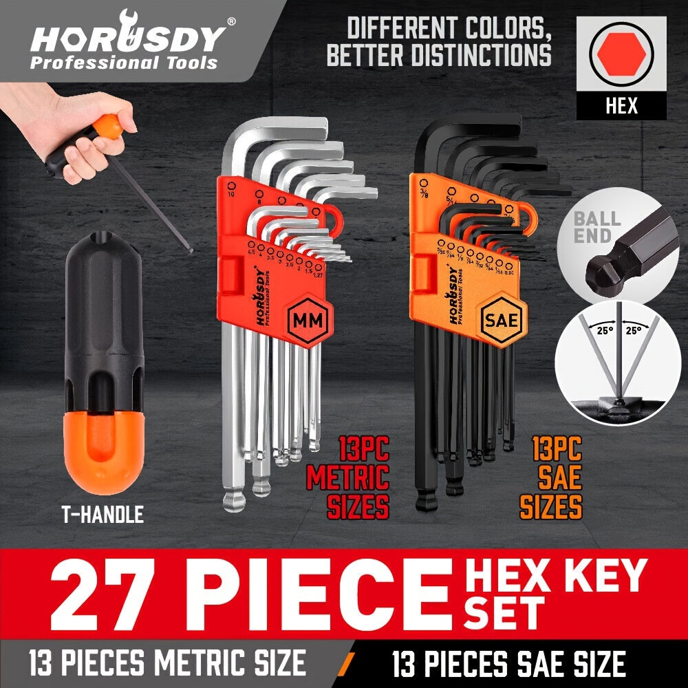 HORUSDY 27pcs Allen Key Set, Hex Key Set Long Arm Ball End Hex Wrench Set, Inch/Metric Allen Wrench Set with T-Handle