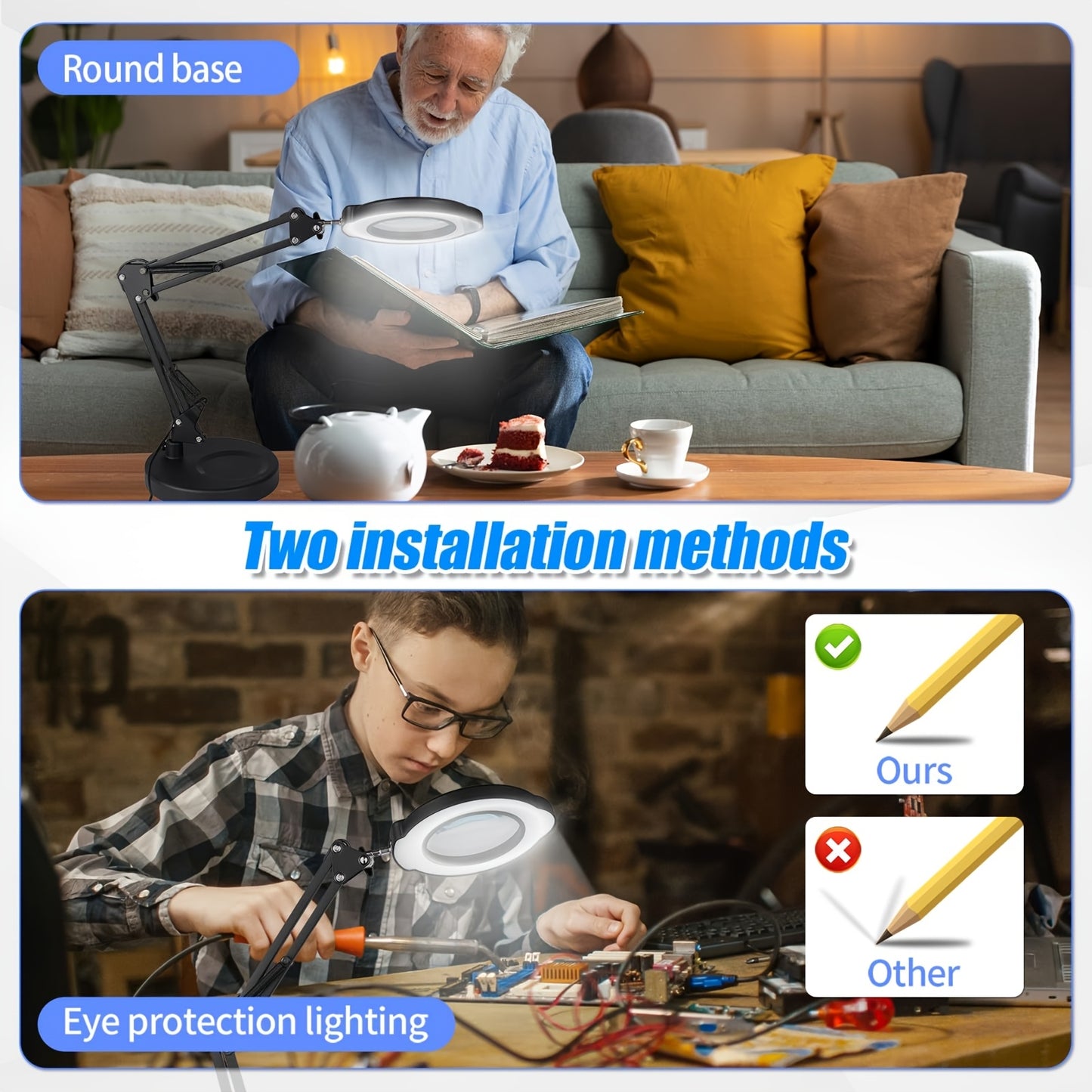 15X-10X Magnifying Glass LED Desk Lamp, 2-in-1 USB-Powered with Heavy Base & Clamp, 3 Color Modes & 10 Brightness Levels for Reading, Repair, Crafts, Sewing, Nail Art, Craft Lighting | Flexible Positioning | Adjustable Lighting, Lamp Desk