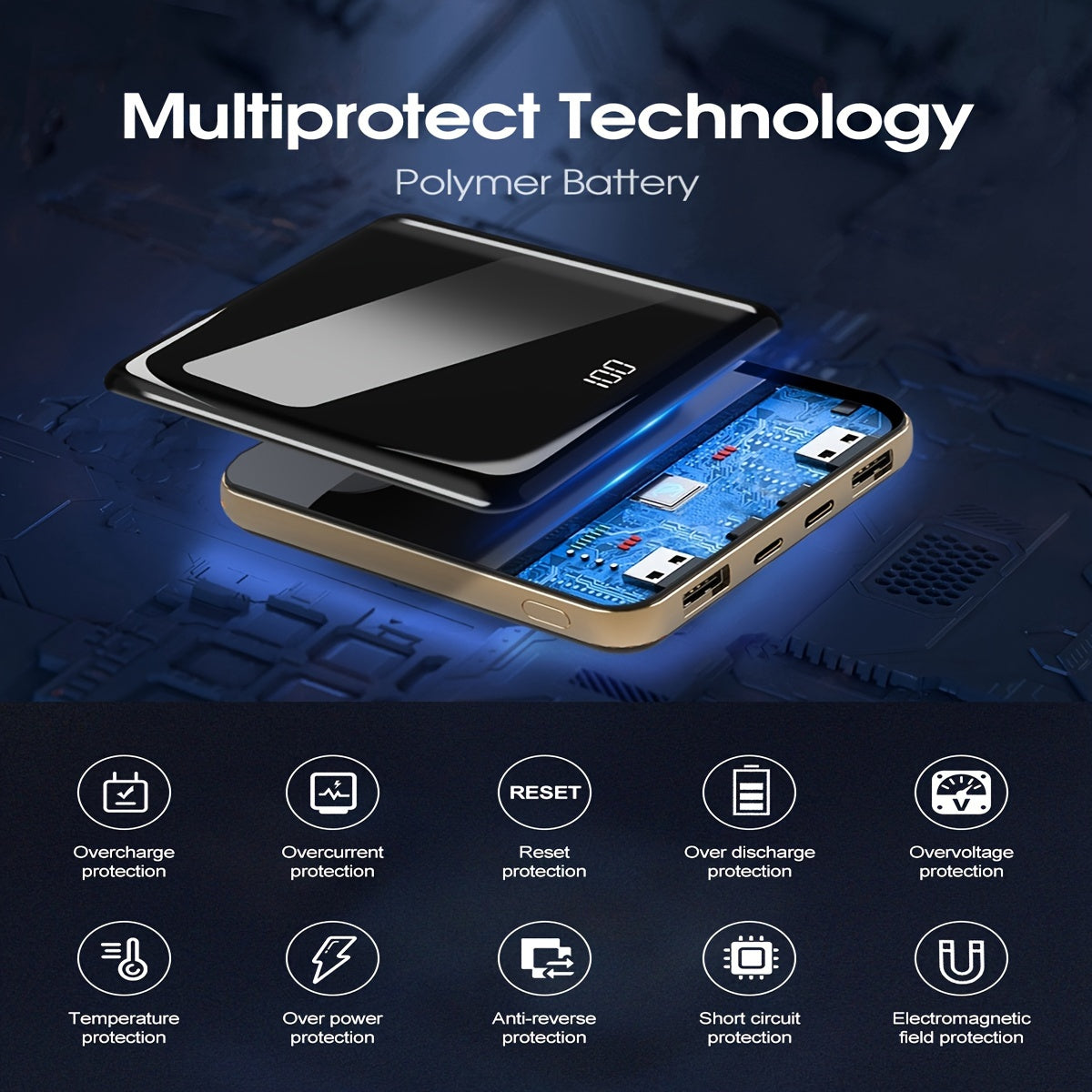 Slim Portable Charger with Built-In Cables, 10000Mah Capacity, Featuring an LED Display. This Compact External Battery Pack Offers 3 Input Options And 5 Output Ports, Making It Suitable for Charging Phones