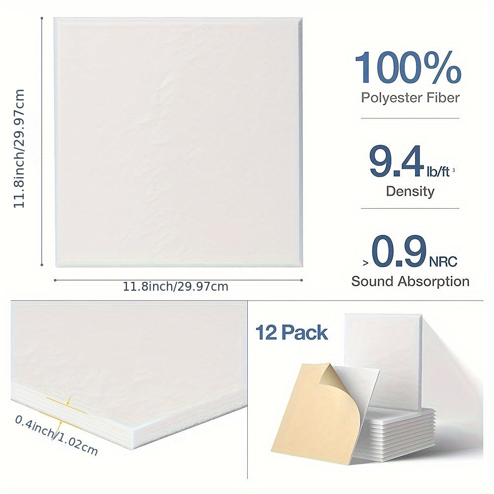 12pcs White Acoustic Panels, 30.48cm x 30.48cm x 1.02cm High-Density Soundproof Foam with Easy Self-Adhesive Installation - Perfect for Home Office, Studio, and Meeting Rooms, Soundproof Wall Panels