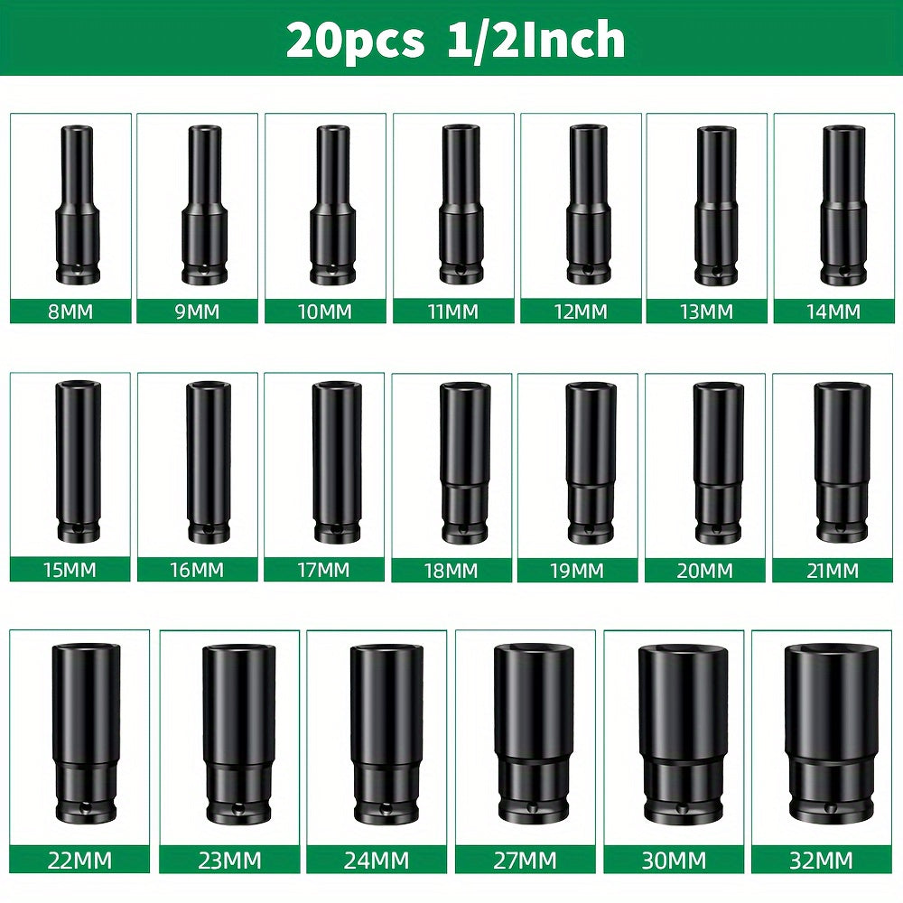 23X 20X 12X 10X Metric Deep Impact Socket 1/2" Drive 78Mm Long Reach Thin Wall 8-32Mm 8-24Mm Sockets Set (Main Meterial:Chrome-Molybdenum Steel)