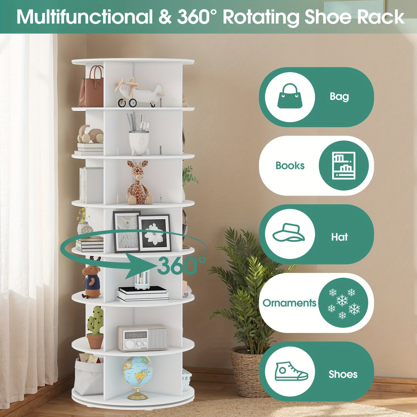 360-Degree Rotating Shoe Storage Tower, Spinning Shoe Organizer, Vertical Handbag And Shoe Display for Closet Organization