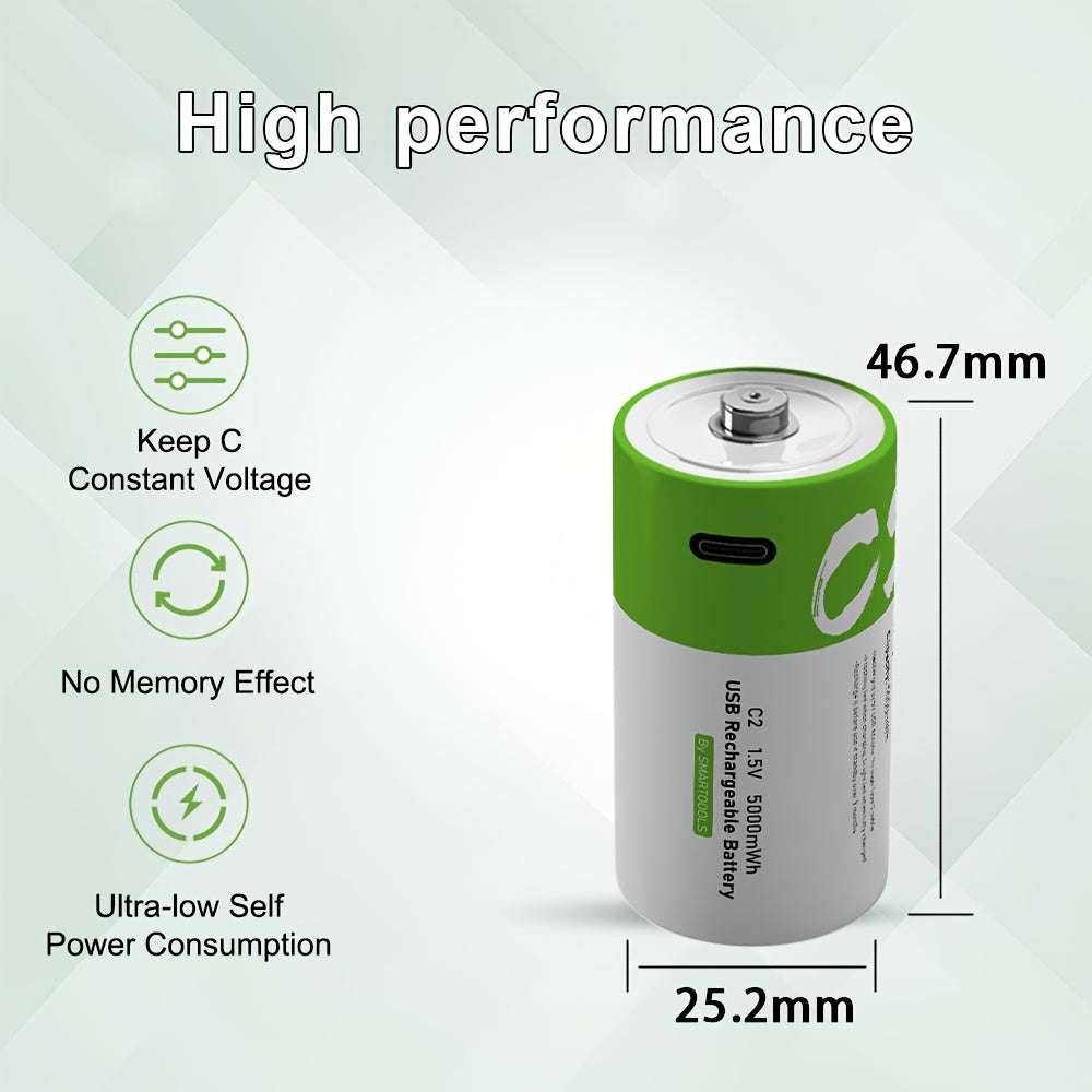 4pcs SMARTOOOLS High-Capacity 5000mWh C Lithium Rechargeable Batteries with Type-C Cable - 3300mAh 1.5V, 1200 Cycle Life, Fast 2.5H Charge, USB-Powered Devices, Smart Power Management, Compatible with Smartphones, Tablets, Laptops, Cameras, Hoverboards, S