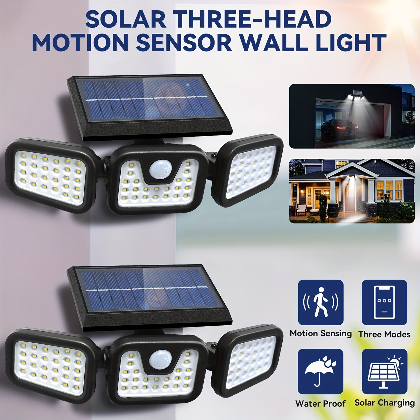 2/4pcs Solar Outdoor Light Three-Head Motion Sensor Wall Light, 74 LED Lights 270° Wide Angle Lighting 100M Lighting Range with 3 Modes, Suitable for Garden, Courtyard, Street, Garage, Terrace, Porch Lighting