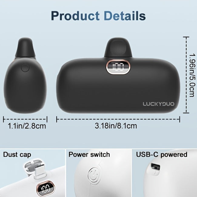 USB C Portable Charger 5000Mah, with PD20W Fast Charging Small Battery Pack with LED Display, Plug And Play Mobile Power Compatible for Iphone 16/15/For Samsung