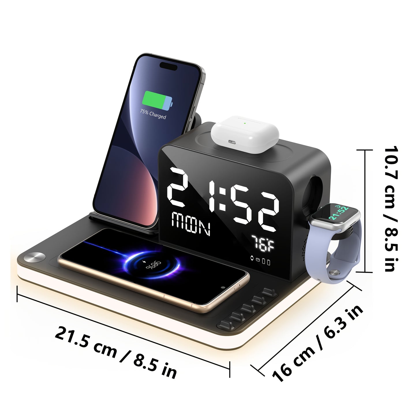7-In-1 Fast Wireless Charging Station with Night Light, Phone Holder, Time Week Temperature Display, Charger Stand Compatible for Iphone 17/16/15/14/13/12/11 All Series, for Apple Watch And for Airpods