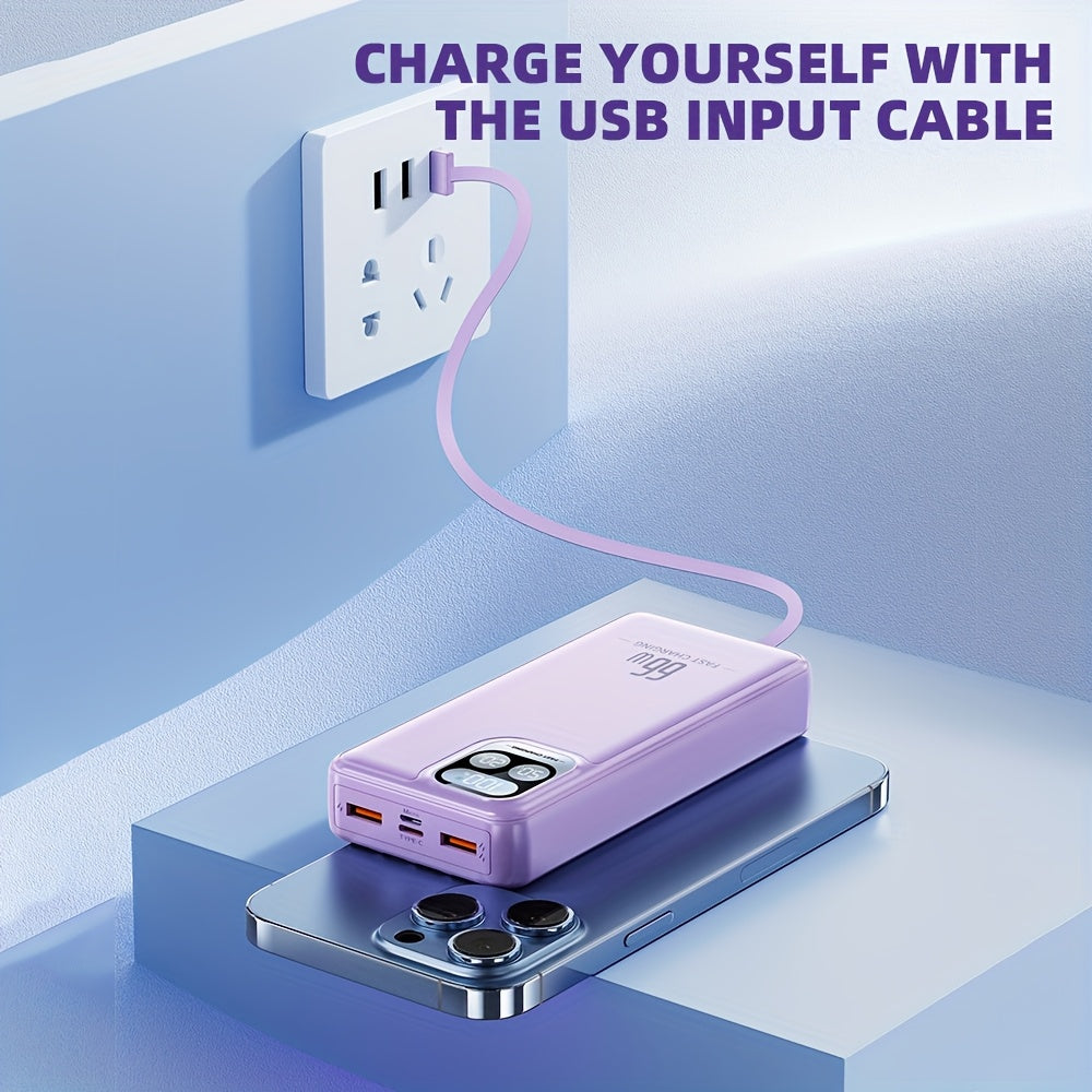 Portable Charger With Built In Cable Purple & Black, 66W Fast Charging 20000mAh Power Bank USB C LED Display Travel Battery Pack