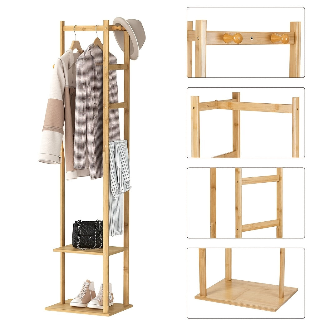 1pc Clothing Rack Corner Coat Rack Stand Hall Trees Standing Clothes Hanging Rail Garment with 2 Shelves 3 Hanger Hooks and Pants Hanger for Entryway Bedroom Living Room 38X30X155cm