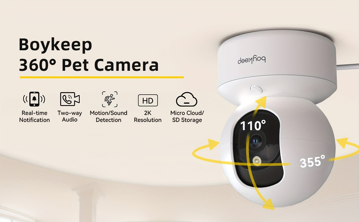 2pcs, BoyKeep 5g/2.4ghz WiFi Smart Camera, 2K High-definition Indoor Safety Monitor, Special Safety Camera for Pets, 360° Panoramic Surveillance Video, Night Vision, Two-way Calls, Cloud Storage
