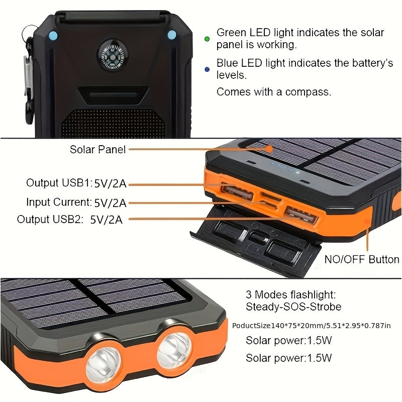 20000mAh Solar Charger Power Bank, Portable Solar Phone Charger, Camping External Battery Charger for Phone, 2 USB/LED Flashlights with Compass for Outdoor Activities