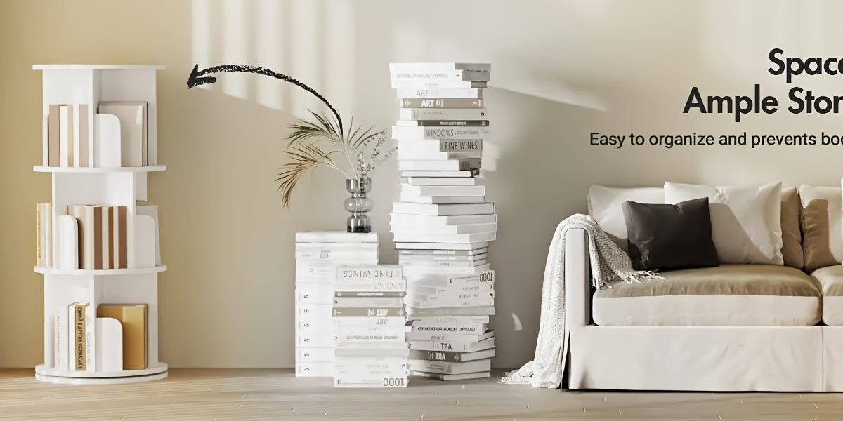 3/4/5-Tier Rotating Bookshelf | 360° Revolving Corner Round Display Shelf for Living Room and Office, White, Wood and Metal, Freestanding with Back Panel, Vertical Orientation, Ufurniture