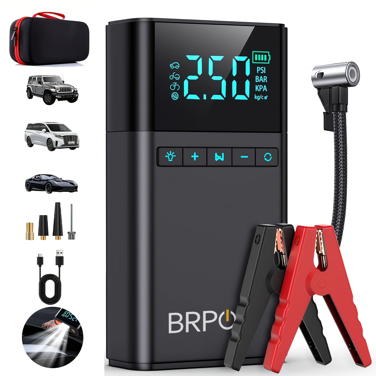 Tire Inflator And Car Jump Starter Featuring an Air Compressor, 8500A Battery Booster with a Power Bank And LED Lights, Suitable for All Gasoline Or 5.0L Diesel Vehicles, Comes with a Portable Carrying Case