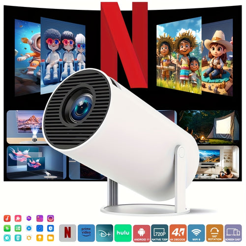 Hy300Pro High-Definition Smart Projector, Local 1280 X 720P Resolution, Supports 4K Resolution, Mini Portable Projector, 180° Rotation Adjustment, Network Connection, No Projection Screen Required