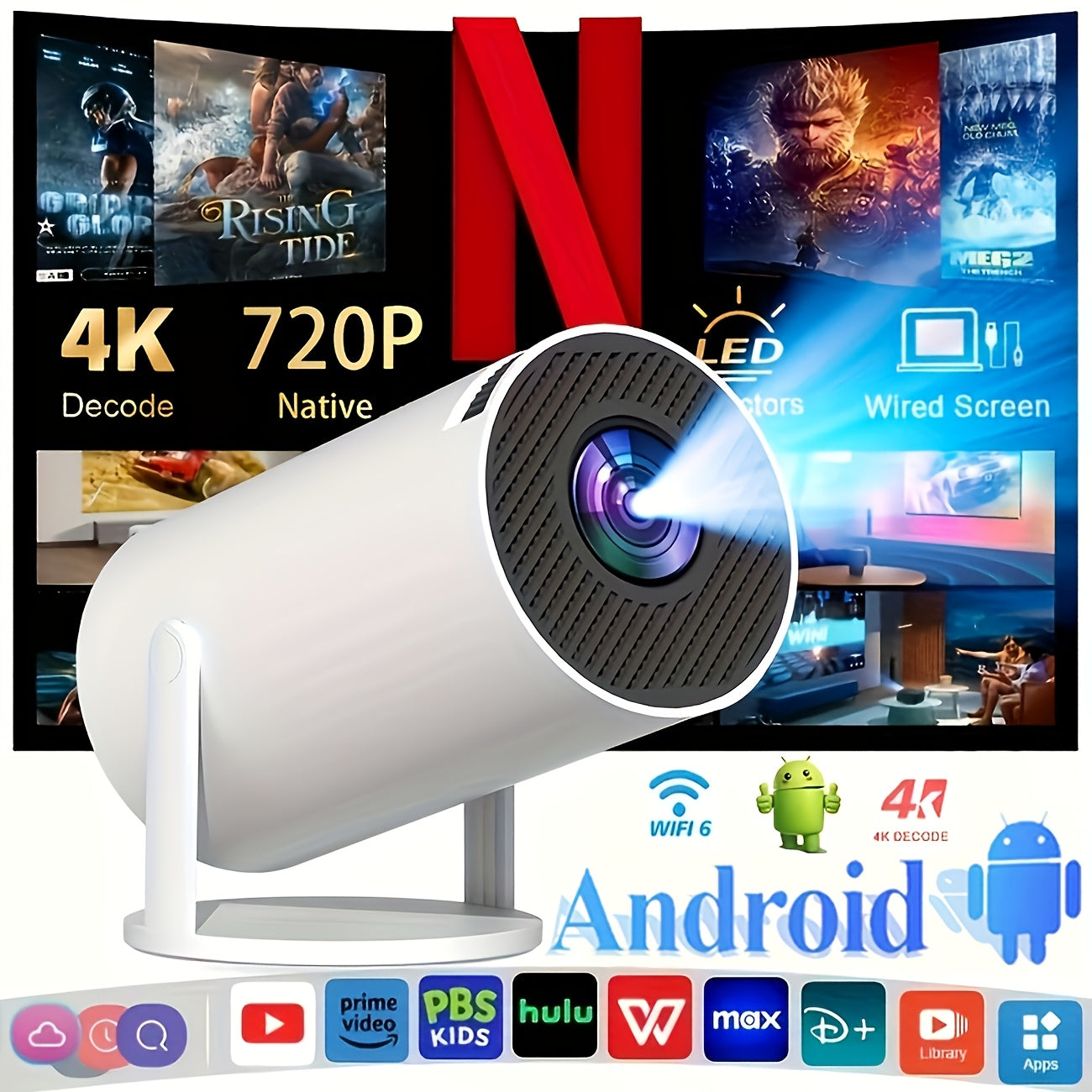 Hy300Pro High-Definition Smart Projector, Local 1280 X 720P Resolution, Supports 4K Resolution, Mini Portable Projector, 180° Rotation Adjustment, Network Connection, No Projection Screen Required