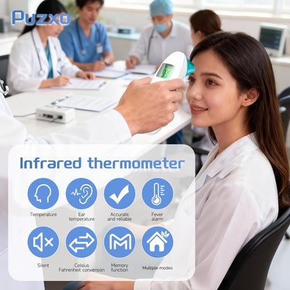 Puzxo 3-in-1 Thermometer: Non-contact Forehead/ear/surface Temperature Measurement, 1-second Precise Readings, LCD Display with Memory Storage, Four-colour Alert System, Dual-purpose for Home And Clinical Use, Batteries Included.