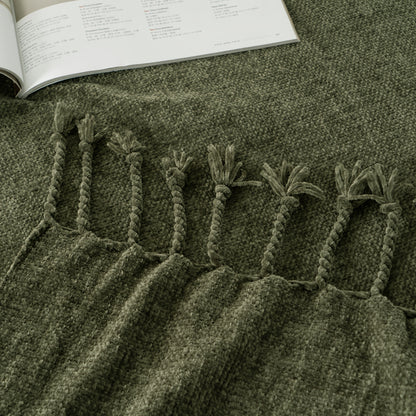 Chenille Throw Blanket for Couch, Decorative Fringe Velvety Throw Blanket for Sofa Home Decor, 127.0cm x 152.4cm