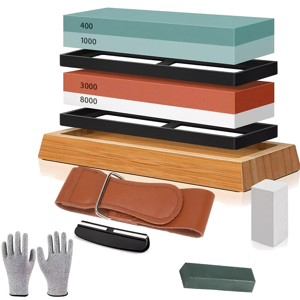 1 Set Whetstone Set, 4-side Grit, 400/1000/3000/8000, Professional Includes Non-slip Bamboo Base, Leather Cord, Flattening Stone And Angle Guide