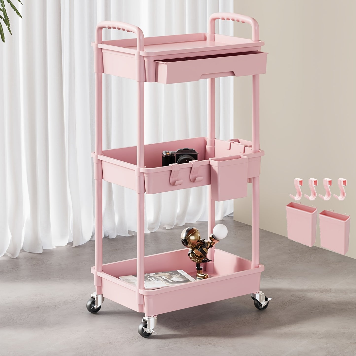 3 Tier/4 TierMultifunctional Rolling Cart With Drawer, Durable Plastic Rolling Cart- With Drawers And Lockable Wheels, Includes Practical Accessories Like Cup Holders And Hooks - Easy Assembly Storage Cart, For Kitchen, Bathroom, Living Room