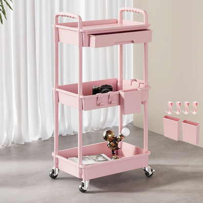 3 Tier/4 TierMultifunctional Rolling Cart With Drawer, Durable Plastic Rolling Cart- With Drawers And Lockable Wheels, Includes Practical Accessories Like Cup Holders And Hooks - Easy Assembly Storage Cart, For Kitchen, Bathroom, Living Room