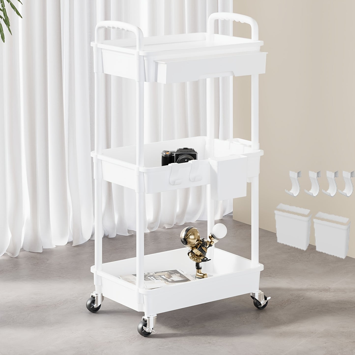 3 Tier/4 TierMultifunctional Rolling Cart With Drawer, Durable Plastic Rolling Cart- With Drawers And Lockable Wheels, Includes Practical Accessories Like Cup Holders And Hooks - Easy Assembly Storage Cart, For Kitchen, Bathroom, Living Room
