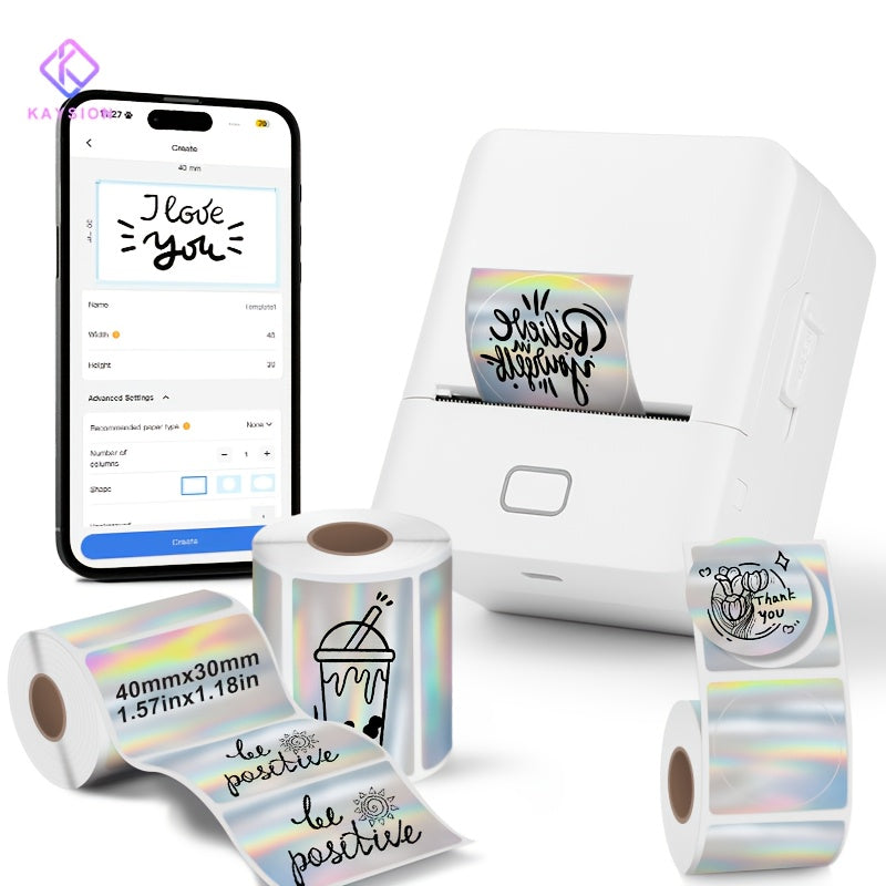 KAYSION SK20 Mini Wireless Thermal Label Printer, With 3 Rolls Of Holographic Label Paper, Is Suitable For Small Businesses, Households, Offices, School, Scenarios.label Maker Printer, Label Printe
