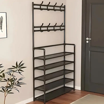 Multi-functional Storage Solution | 5 Layer Design for Hats And Shoes, Sturdy Metal Structure with 8 Load-bearing Hooks | Available In Black And White for Storage Shoes, Clothes, Coat, Hat, Bag, Umbrella, Home Accessories