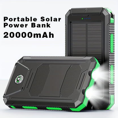 20000mAh Solar Charger Power Bank, Portable Solar Phone Charger, Camping External Battery Charger for Phone, 2 USB/LED Flashlights with Compass for Outdoor Activities