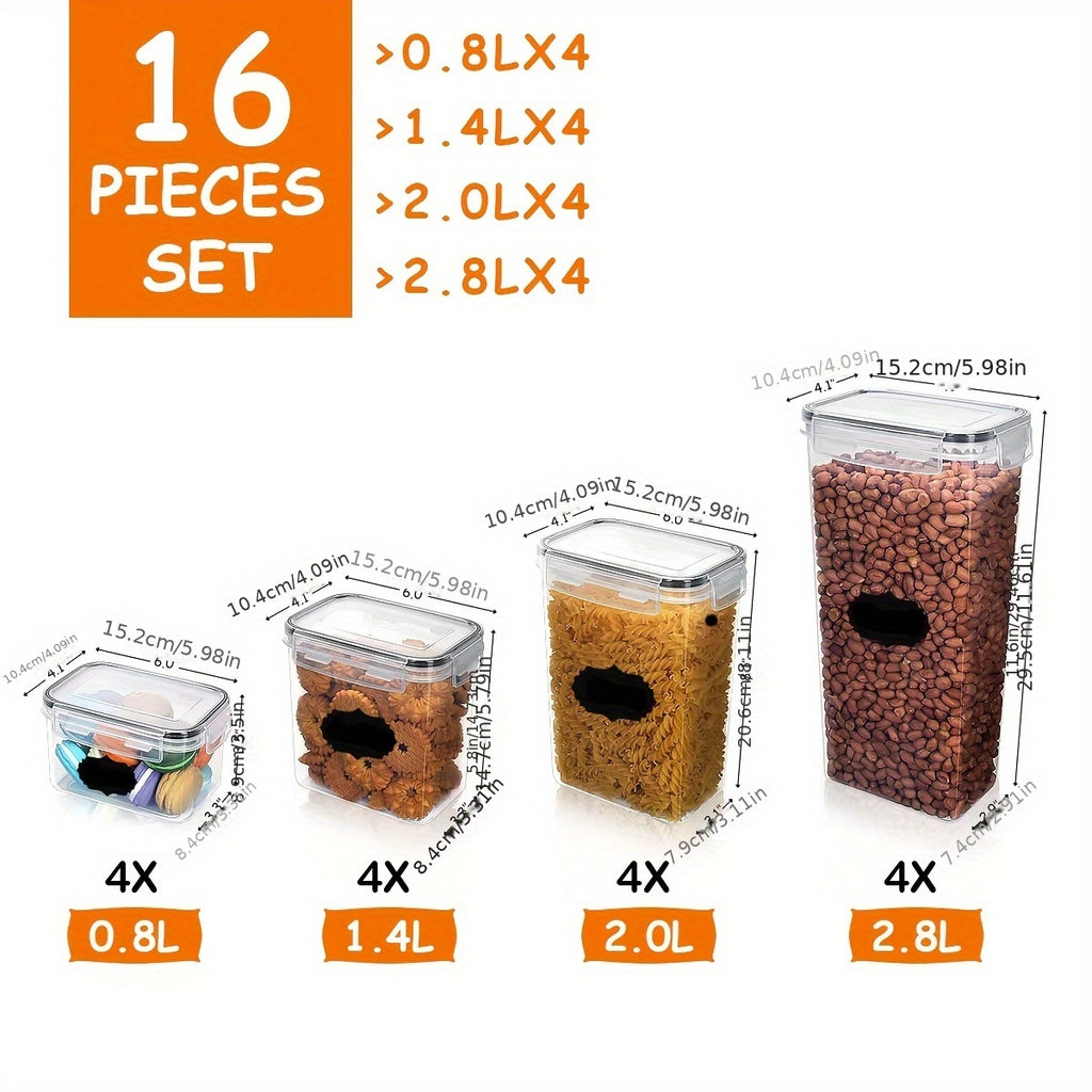 16/30/42pcs Airtight Food Storage Containers Set, BPA-Free Polypropylene, Rectangle Kitchen Organizer For Cereal, Dry Goods, Flour & Sugar, Includes Labels, Microwave Safe, Latch Closure, Ideal For Pantry & Cabinet Organization