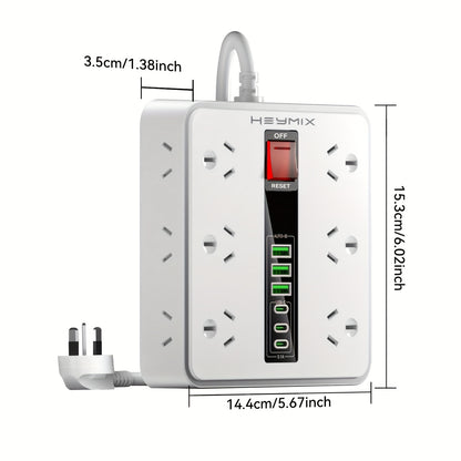 HEYMIX Power Board USB C - 18IN1 Powerboard USB, Power Strip Surge Protector with 12-Outlets, 3USB-C & 3USB-A Wall Mountable 2m Extension Cord for Home Office
