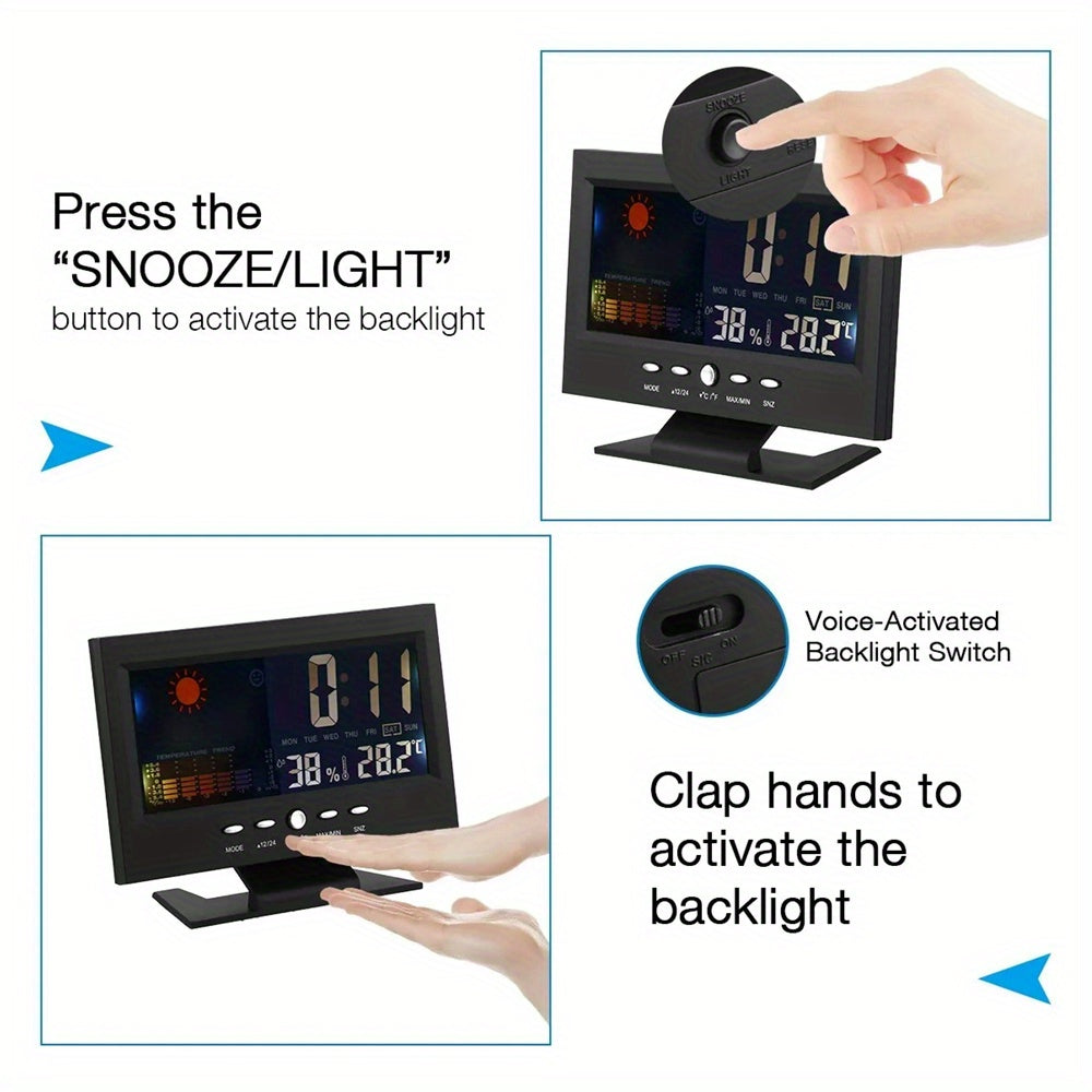 1pc Smart Digital Clock Thermometer Hygrometer with Voice Backlight, Multifunctional Thermometer Hygrometer Suitable for Home, Temperature & Humidity Monitor, Battery- Electronic Clock (Battery Not Included) for Use