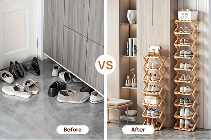 Adjustable Folding Bamboo Shoe Rack, Space-saving 8-tier Shoe Rack Ideal for Compact Spaces, Features An Expandable Design Requiring No Assembly, Natural Wood Finish, Perfect for Home And Office Shoe Storage Organizer, Spacesaving Furniture, Sleek