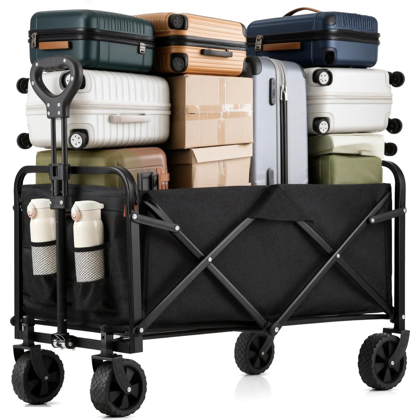 [Beach Cart Wagon] Sturdy 480LBS Beach Cart with Large Capacity | Versatile Folding Utility Wagon for All Terrains Featuring Big Wheels, Side Pocket, And Brakes | Made from Durable Oxford Fabric And Steel, Ideal for Camping, Gardening, Sports, And Shoppin