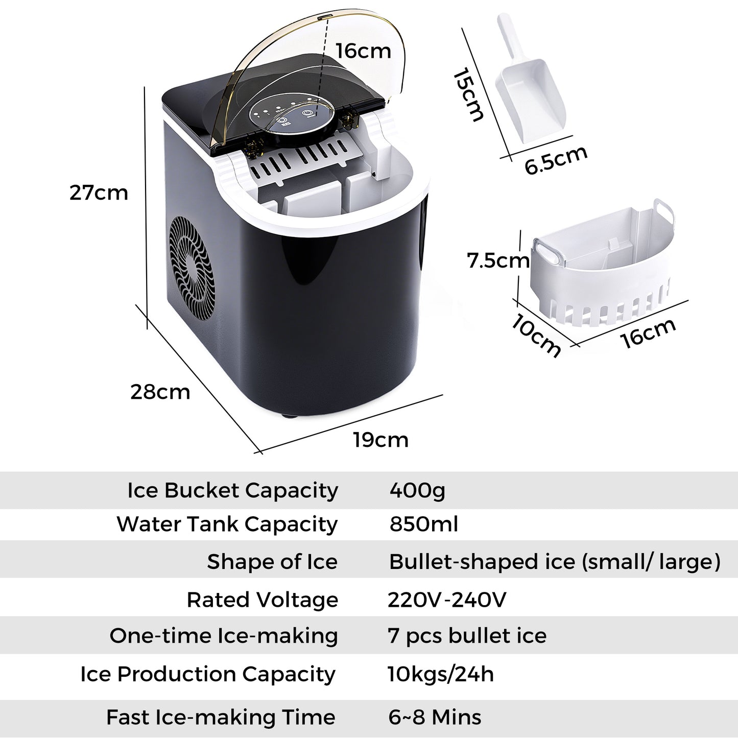 Advwin Countertop Ice Maker Machine, Portable Bullet Ice Maker with Self Cleaning, 7 Ice Cubes in 6-8 Mins, 2 Ice Sizes, Ice Machine for Home Kitchen Office Bar