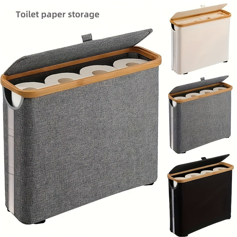 Toilet Paper Storage Basket, Papers Container with Bamboo Lid, Medium Toilets Holder for Up to 12 Rolls, Toilet Paper Storage Cabinet for Bathroom, Multi-Functional Collapsible Storage Basket, Toilet Paper Storage Containers