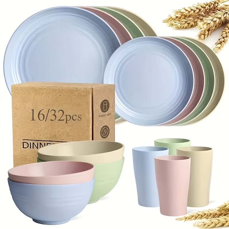 32pcs/ 16pcs Solid Black Plastic Wheat Straw Dinnerware Set - Complete 4-8Person Setting, Unbreakable Modern Plates, Bowls & Cups | BPA-Free, Microwave-Safe Stackable Dishes | Lightweight Yet Durable Tableware Set| Utensils For Everyday Use, Camping