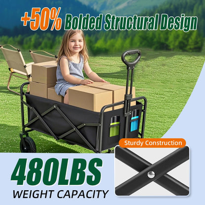 [Beach Cart Wagon] Sturdy 480LBS Beach Cart with Large Capacity | Versatile Folding Utility Wagon for All Terrains Featuring Big Wheels, Side Pocket, And Brakes | Made from Durable Oxford Fabric And Steel, Ideal for Camping, Gardening, Sports, And Shoppin