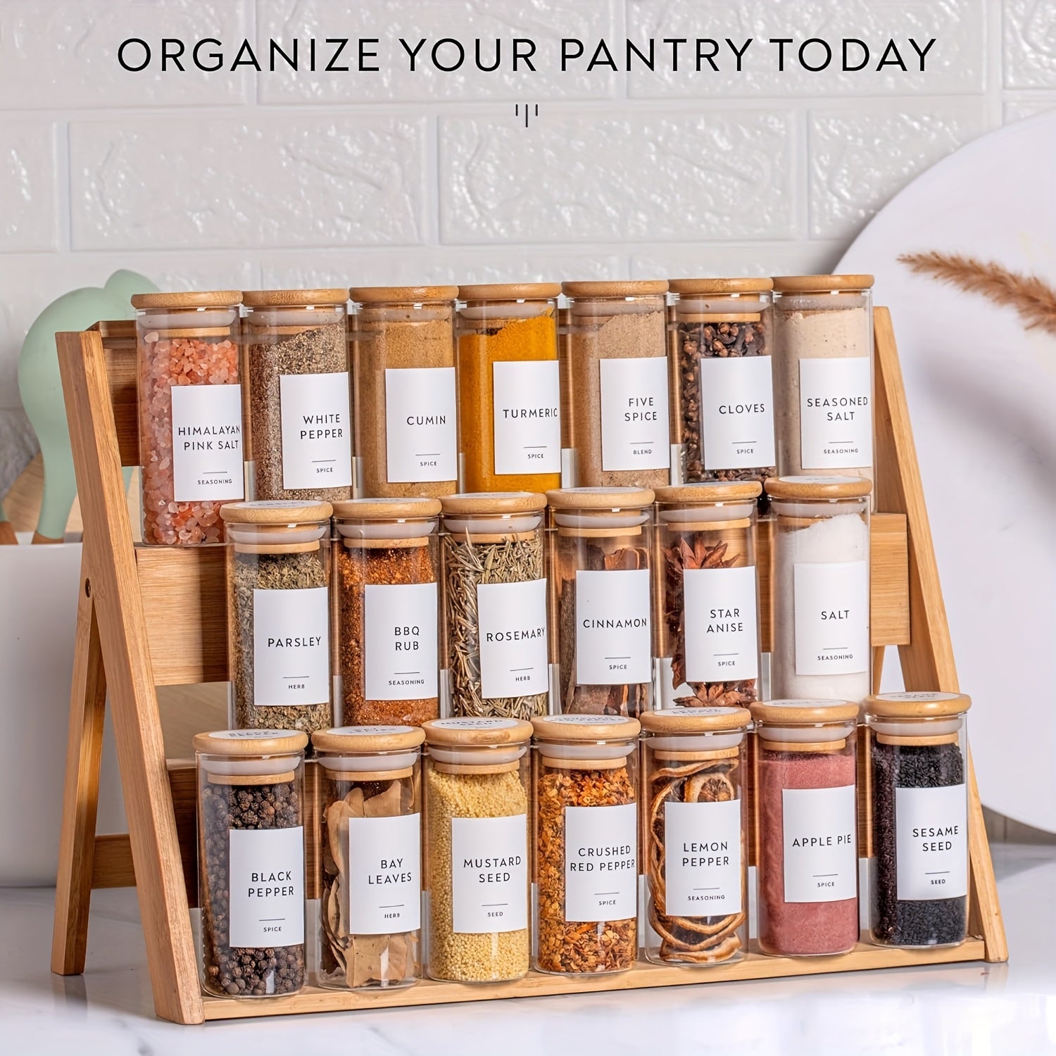 20pcs Glass Pantry Canister Set with Bamboo Lids, Measuring Spoon, Funnel & Brush - 4oz Round Jars, Labels & Pen for Spice, Dry Storage - Glass Container System (Reusable Glass Canisters)
