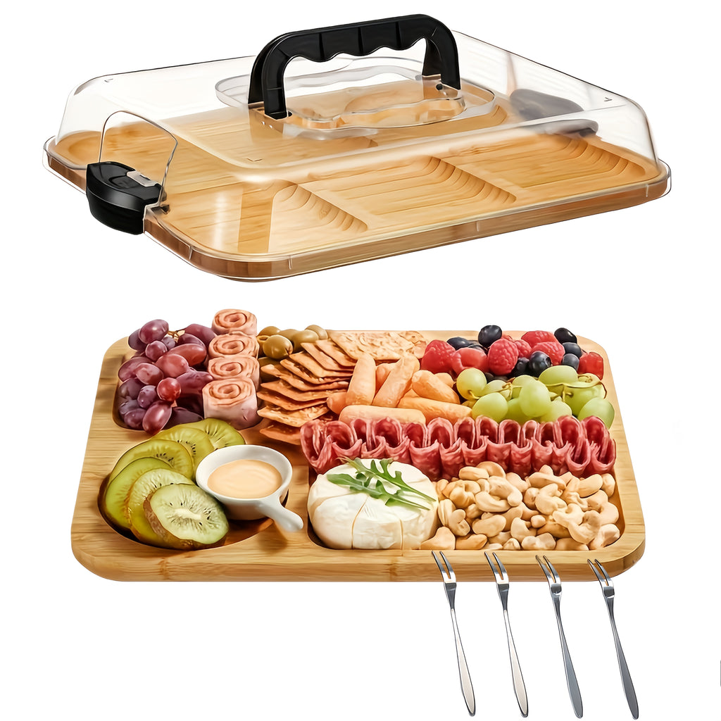 1pc Cheese Tray with Transparent Acrylic Lid And Forks | Portable Charcuterie Board for Camping, Parties, Restaurants | Ideal for Holiday Appetizers, Charcuterie Shops, Snack Serving Trays, Behind-The-Scenes Chopping Board, Party Snack Organizer