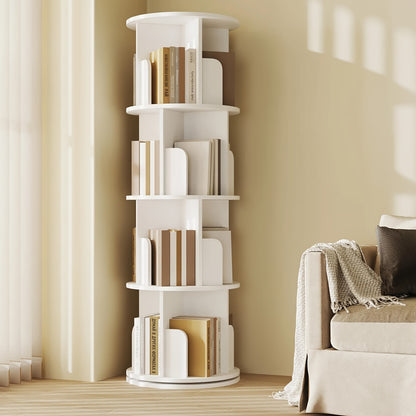 3/4/5-Tier Rotating Bookshelf | 360° Revolving Corner Round Display Shelf for Living Room and Office, White, Wood and Metal, Freestanding with Back Panel, Vertical Orientation, Ufurniture