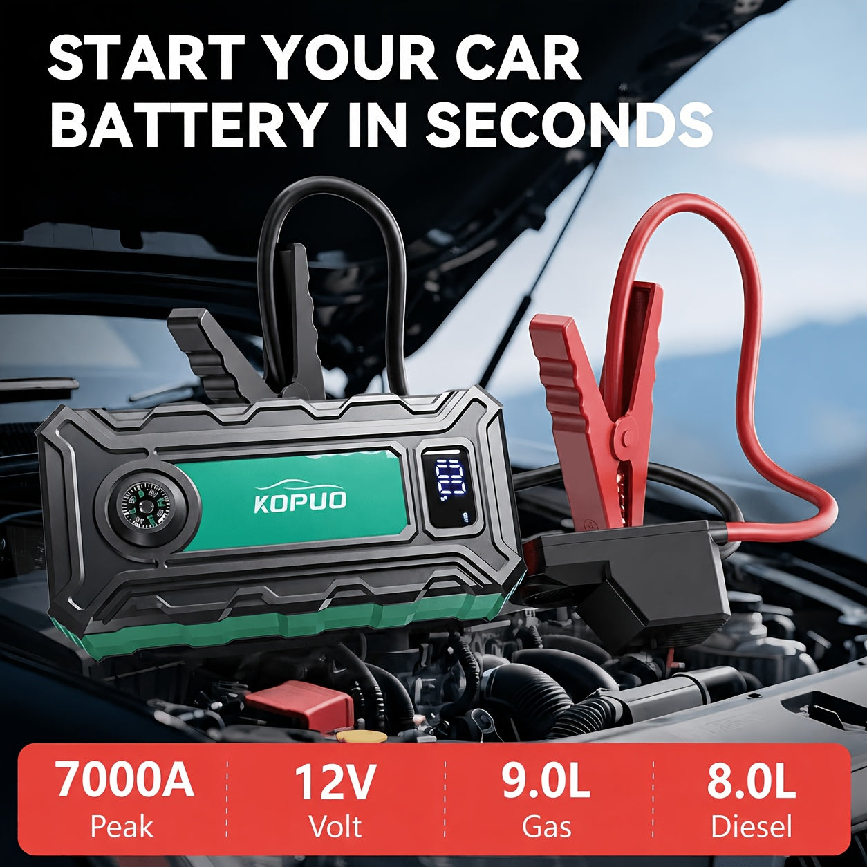KOPUO 6000A/7000A Jump Starter Optional 10000A Peak 12V Car Jump Starter With Air Compressor, Heavy Duty Jump Starter Battery Pack With 150PSI Portable Tyre Inflator, Battery Booster Power Bank With LCD Display And LED Light