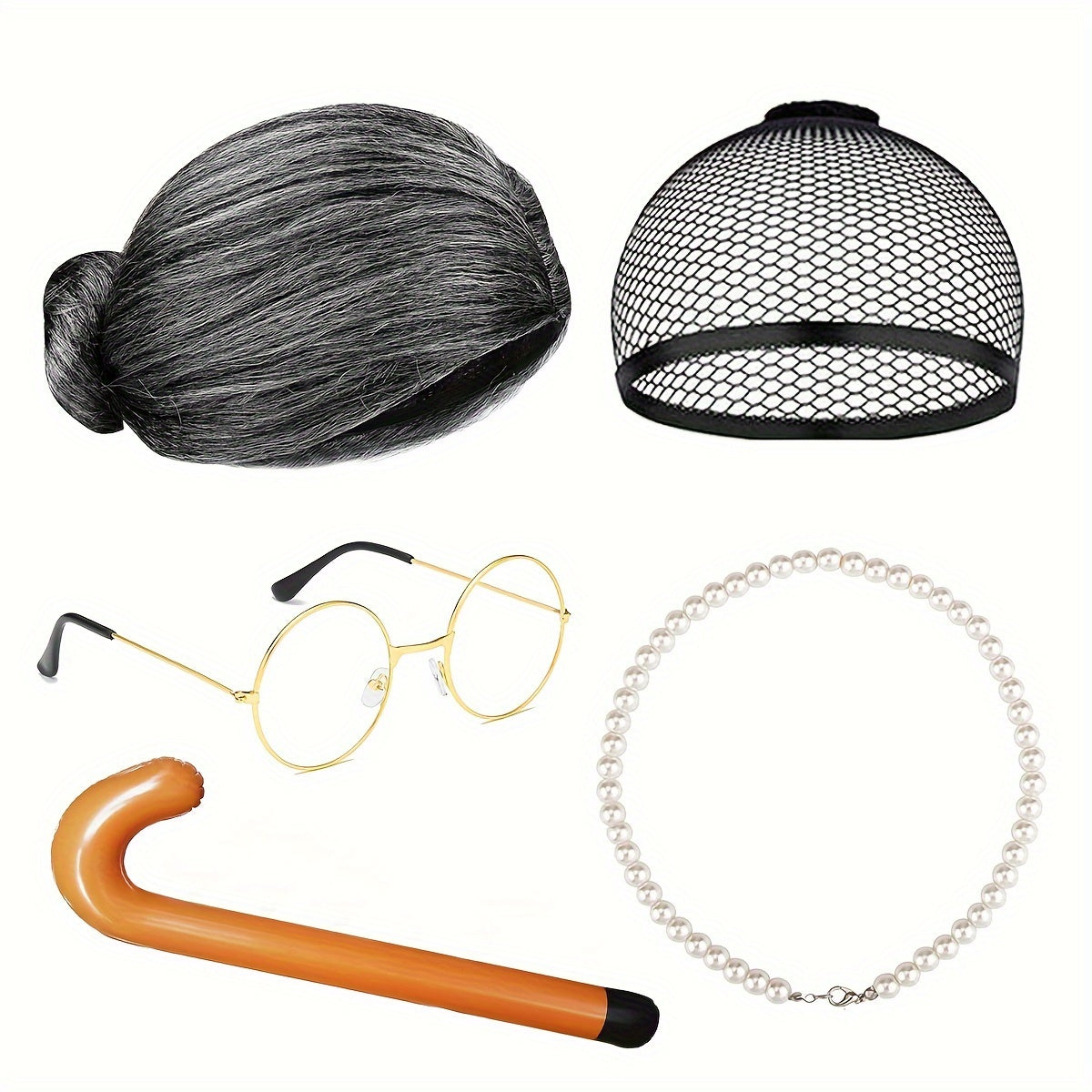 5pcs Grandma Cosplay Set Funny Old Lady Dress Up Set with Wig Caps Pearl Necklace Eye Glasses Crozier Chain Realistic Granny Costume Wig Old Lady Costume Set for Kids Halloween Masquerade Suitable for Teens, Suitable for Men And Women