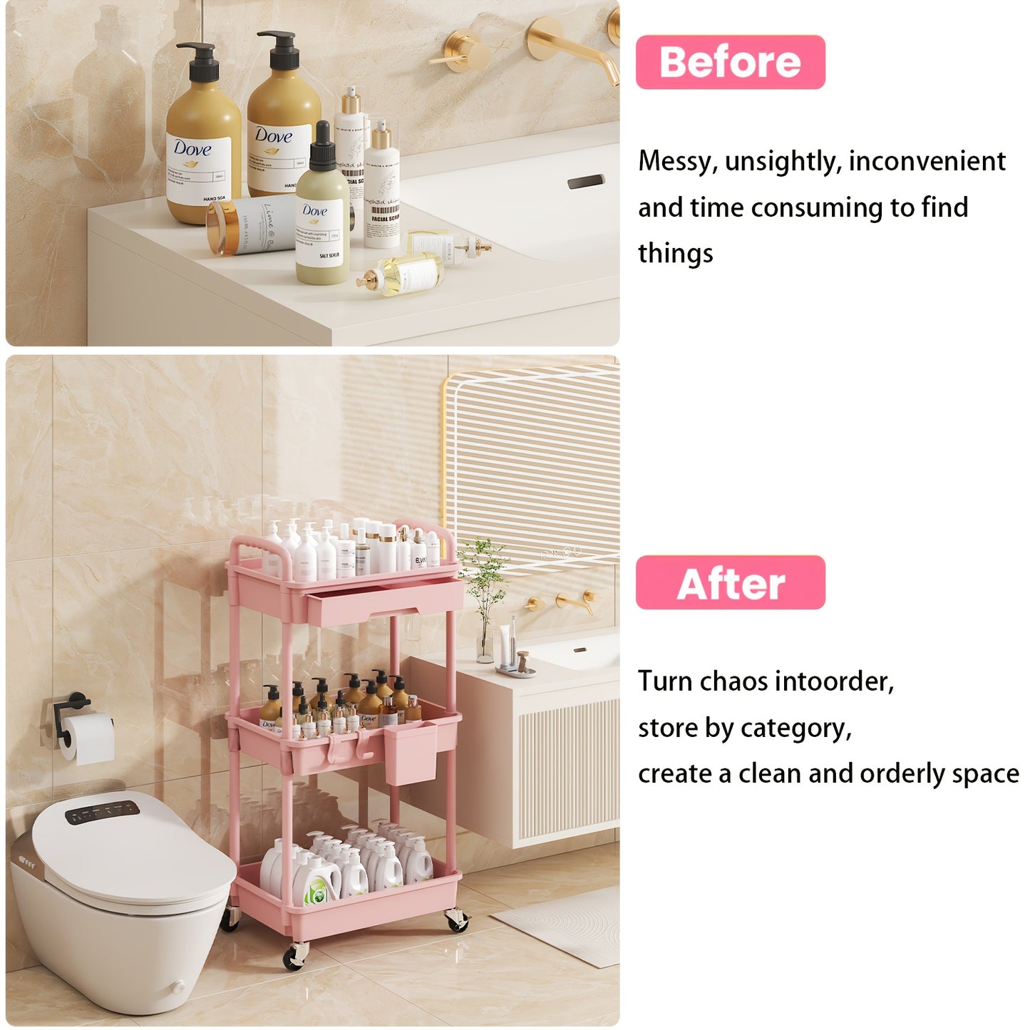 3 Tier/4 TierMultifunctional Rolling Cart With Drawer, Durable Plastic Rolling Cart- With Drawers And Lockable Wheels, Includes Practical Accessories Like Cup Holders And Hooks - Easy Assembly Storage Cart, For Kitchen, Bathroom, Living Room