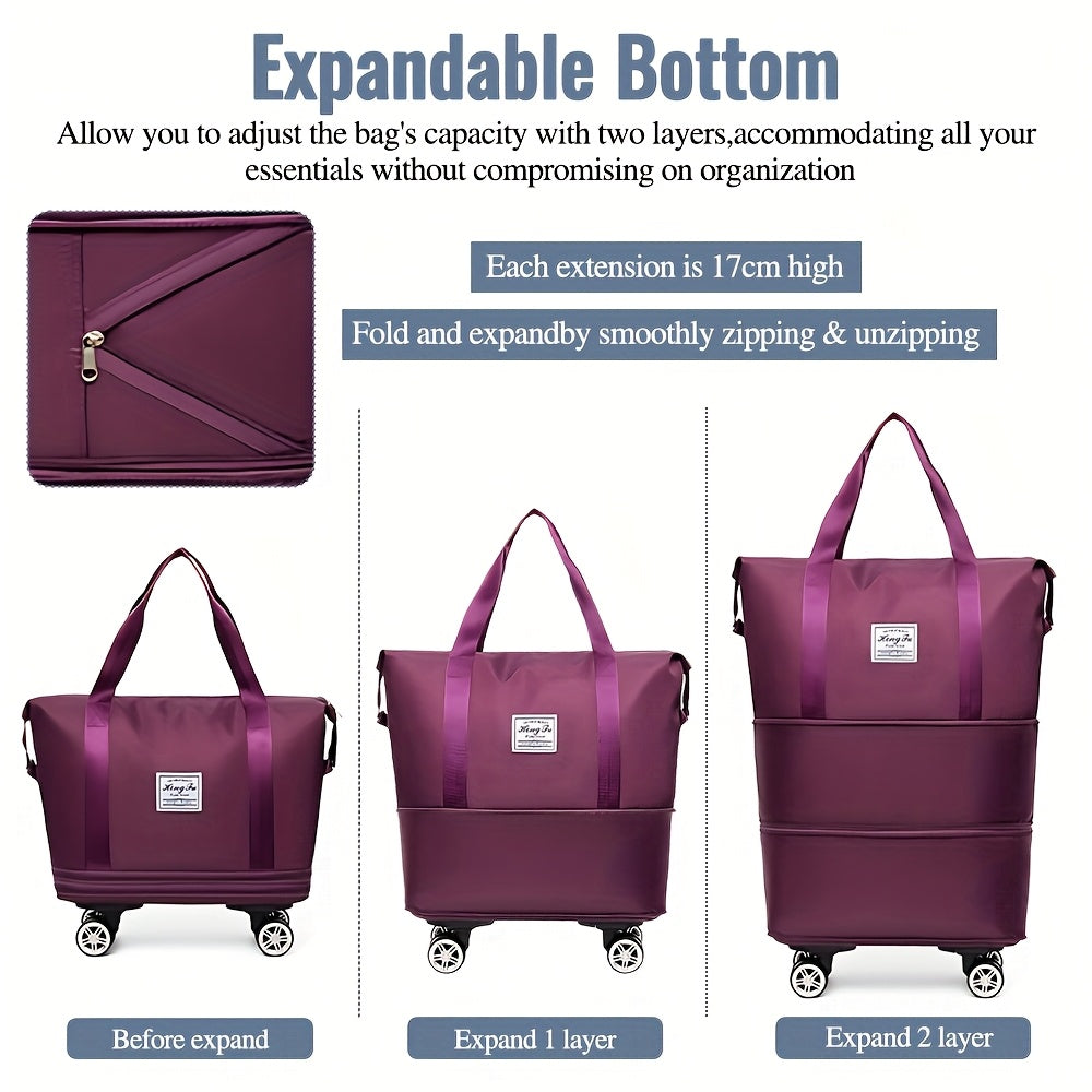 Multifunctional Travel Bag Expandable Adjustable Universal Wheel Oxford Cloth Travel Duffel Bag 3-Layer Extra-Large Capacity Portable Shopping Storage Bag with Omnidirectional Wheels Zippered Vacation Suitcase