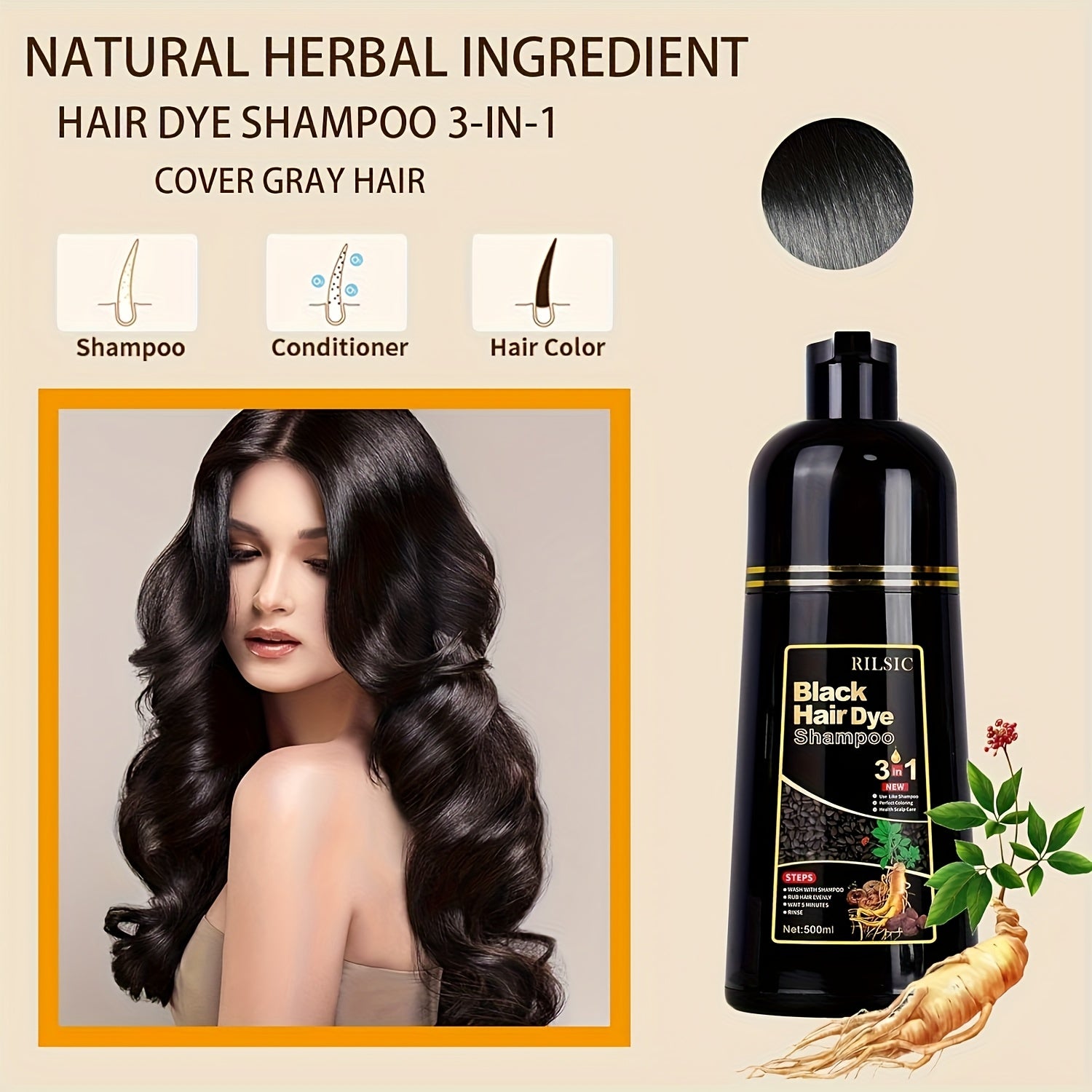 Hair Dye Shampoo 3in 1 for Women & Men, Instant Hair Color, 100% Grey Hair Coverage, Natural Hair Dye Coloring In Minutes, Hair Color Shampoo for Men And Women Instant Easy 3in 1 Herbal Hair Color Shampoo Ammonia Free Lasts 30 Days - 16.91oz