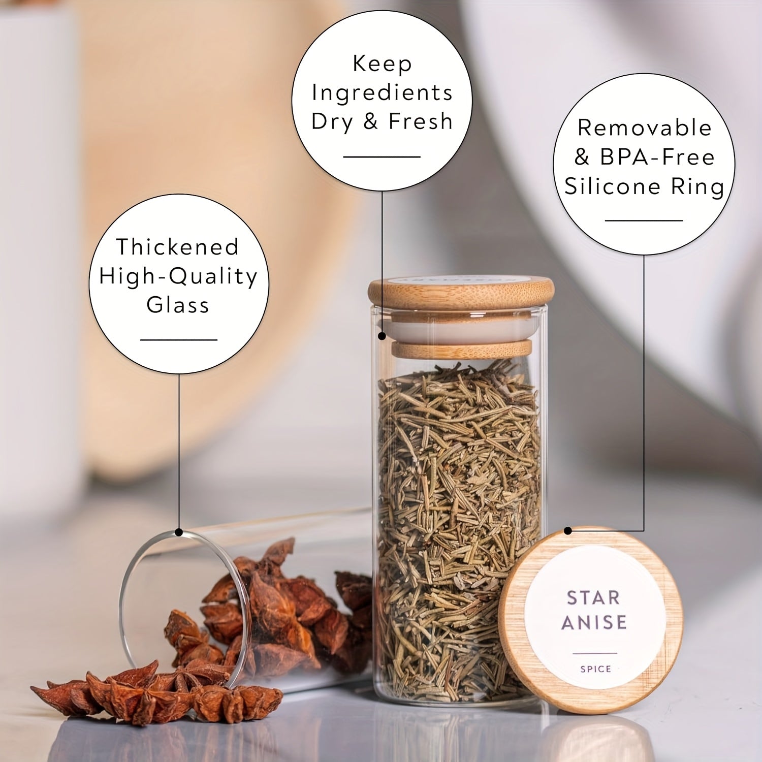20pcs Glass Pantry Canister Set with Bamboo Lids, Measuring Spoon, Funnel & Brush - 4oz Round Jars, Labels & Pen for Spice, Dry Storage - Glass Container System (Reusable Glass Canisters)