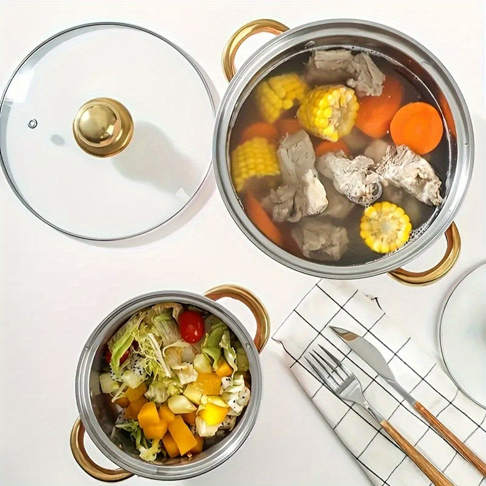 10pcs Stainless Steel Cookware Set with 5 Pots And 5 Lids, Golden Handles, Suitable for Electric Stoves, Suitable for Soups, Hot Pot, Noodles, Pasta, Seafood Soup, Etc, High Quality, Suitable for Outdoor Camping, Restaurant Kitchen Supplies