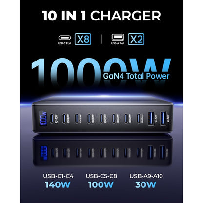 HEYMIX 1000W USB C Charger 140W USBC Charging Station, Christmas stocking stuffers 10Port GaN Charger 140W 65W 30W, Multi USB Charging for MacBook Pro16, Laptop, Phone 17/ 16, S25 Local warehouse