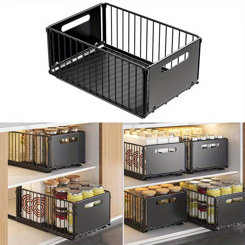 2pcs Pull Out Cabinet Organizer, Collapsible Pull Out Drawers for Cabinets Fixed with Adhesive Film, Slide Out Shelf Storage Basket for Kitchen Bathroom Home, Large